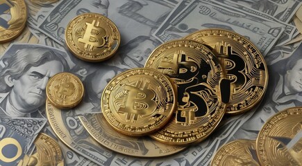 close up of crypto coins, abstract crypto coins background, crypto background