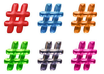 Set of hashtag symbol design. Icon or sign shape isolated on transparent background in 3d rendering.
