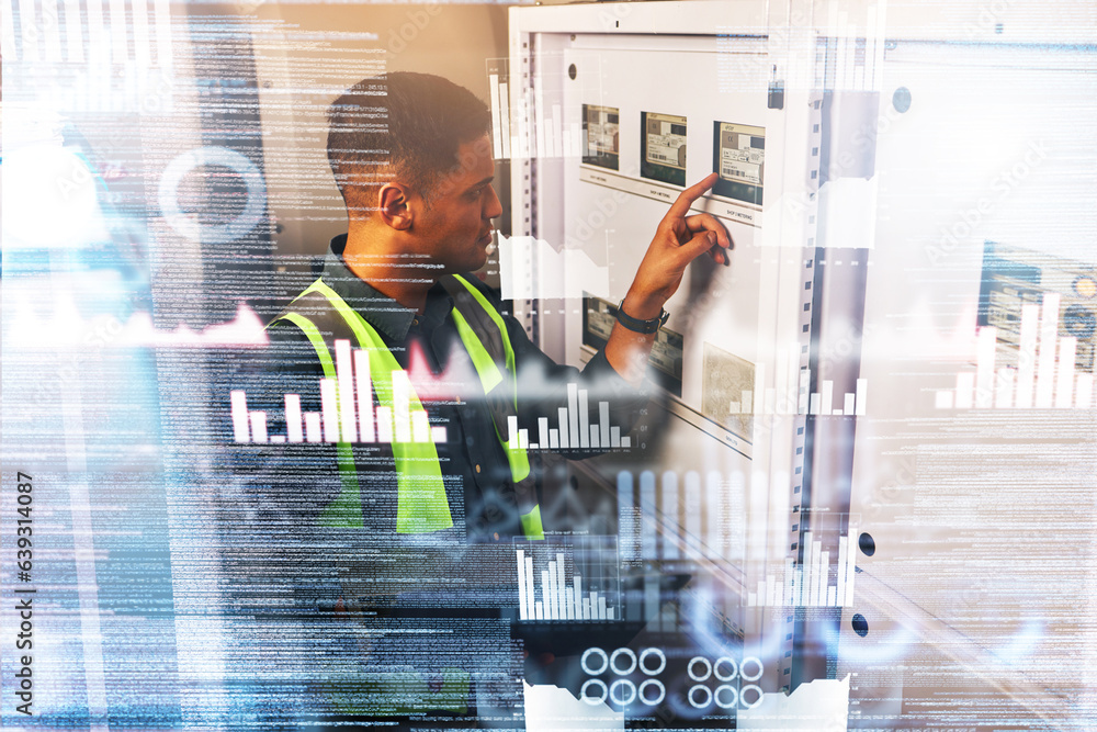 Poster Engineering, electrician and man with data hologram in a control room for maintenance. Technician person with ai technology for power check, problem solving and digital future or 3d inspection