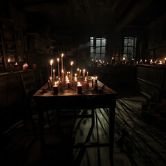A spooky room with candles