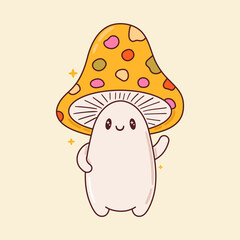 Vector illustration of cute abstract mushroom with face and hands. Adorable magic amanita character. Cartoon fairy tale fly agaric. Cottagecore print, clipart, card design