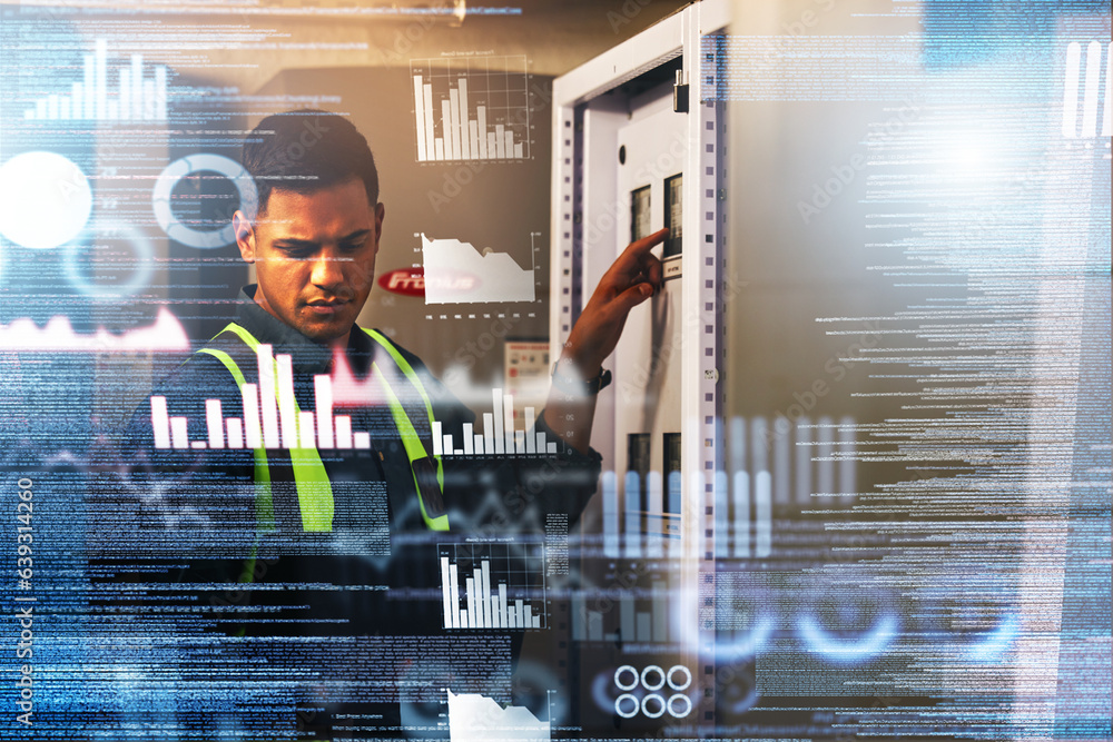 Aufkleber Electrician, engineering and man with data overlay in a control room for maintenance. Technician person with ai technology for power check, problem solving and digital future or 3d inspection