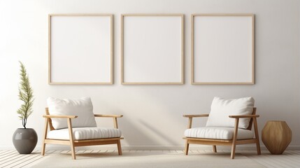 3 Blank poster wooden mock up frames on the wall in living room interior.