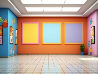 Blank mockup frames on painted colorful wall of kindergarten or children's playroom, display and show mockup concept, copy space.