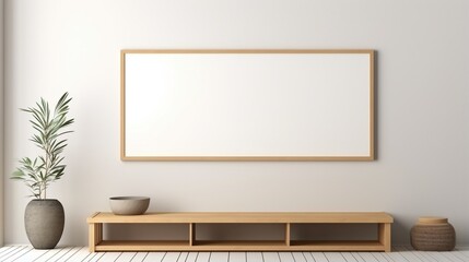 blank mockup frame on white painted wall of home interior entrance area, copy space, minimal design.