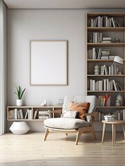 Fototapeta na wymiar Blank frame mockup on the wall of Scandinavian modern living room interior background, with armchair, lamp and wooden book shelf full of books, copy space.