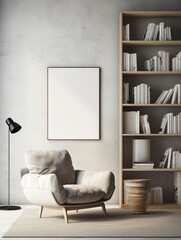Blank frame mockup on the wall of Scandinavian modern living room interior background, with armchair, lamp and wooden book shelf full of books, copy space.