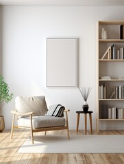 Blank frame mockup on the wall of Scandinavian modern living room interior background, with armchair, lamp and wooden book shelf full of books, copy space.