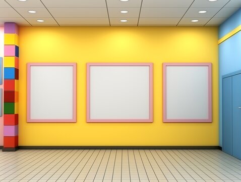 Blank mockup frames on painted colorful wall of kindergarten or children's playroom, display and show mockup concept, copy space.