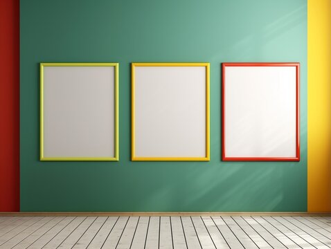 Blank mockup frames on painted colorful wall of kindergarten or children's playroom, display and show mockup concept, copy space.