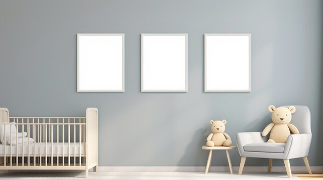 Mockup empty gray painted wall with wooden frame In farmhouse Interior Background in baby room with poster frame, nursery mockup, Scandinavian Style