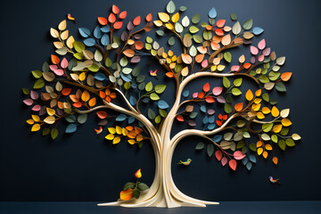 Vector art tree with colorful leaves on a gradient background.