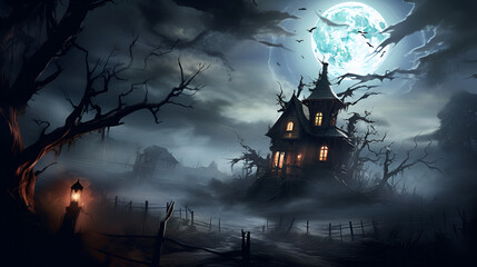 Dark Halloween background with haunted house and dense fog. Creepy house with full moon.