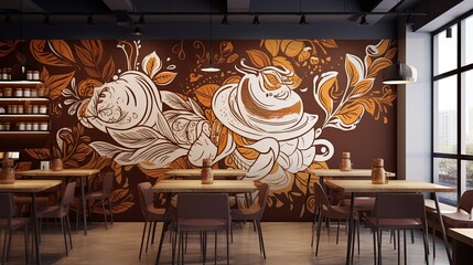 coffee shop's wall mural as you zoom in closely, showcasing the intricate design and ambiance. The warm lighting of the coffee shop's interior, generative AI