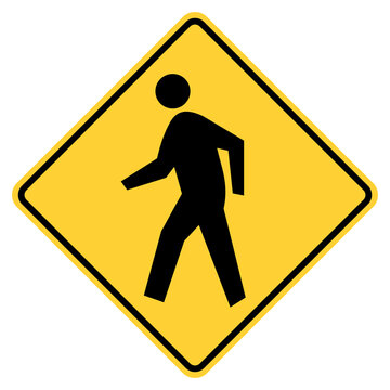 Transparent PNG of Vector graphic of a usa Pedestrian Crossing Ahead highway sign. It consists of the silhouette of a person walking within a black and yellow square tilted to 45 degrees
