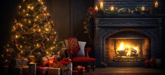 Cozy holiday ambiance with a glowing Christmas tree and fireplace.
