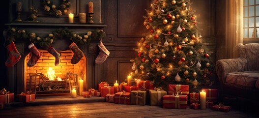 Fototapeta na wymiar Captivating holiday charm with a sparkling tree and fireplace glow.