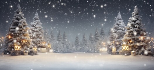 Snowy night with bright Xmas trees. Concept of Christmas celebration.