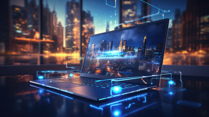 A digital wireframe surrounding a laptop symbolizes the internet and the dissemination of information worldwide, Generative AI	