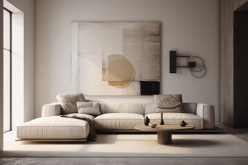 Luxurious living room interior with a beige sofa and artwork