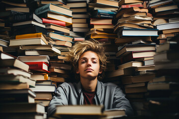 young male law student surrounded by stacks of books in a university library