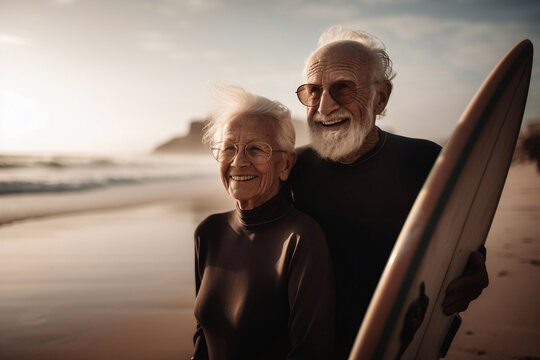 Happy couple of seniors at the beach trying to go surf and having fun together - Generative AI