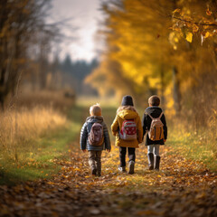 Children running through the woods in the autumn