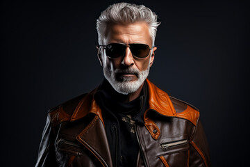 Obraz premium Man with grey hair in brown leather jacket, wearing glasses against a dark background. 