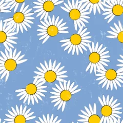 Gardinen floral seamless background pattern, with abstract flowers, daisies, paint strokes and splashes, on blue © Kirsten Hinte