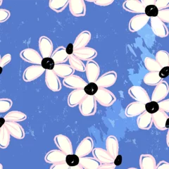 Foto op Plexiglas floral seamless background pattern, with abstract flowers, paint strokes and splashes, on blue © Kirsten Hinte