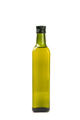 Bottle of fresh olive oil and olives with leaves isolated on white background. Fragrant cooking oil. Delicious olive oil in a glass bottle. Cooking. Salad dressing.