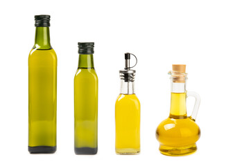 Bottle of fresh olive oil and olives with leaves isolated on white background. Fragrant cooking oil. Delicious olive oil in a glass bottle. Cooking. Salad dressing.