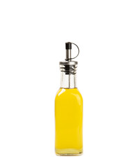 Bottle of fresh olive oil and olives with leaves isolated on white background. Fragrant cooking oil. Delicious olive oil in a glass bottle. Cooking. Salad dressing.