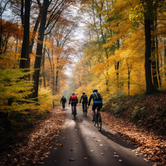 Obraz premium People cycling through autumn forest