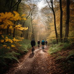 Obraz premium People cycling through autumn forest
