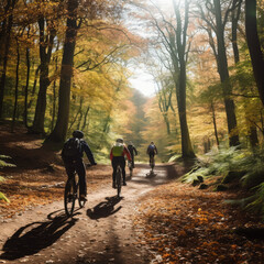 People cycling through autumn forest