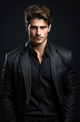 Fototapeta premium Mysterious handsome young man in black suit