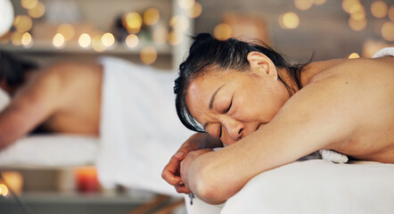 Relax, massage and senior with couple in spa for wellness, body treatment and hospitality. Peace, cosmetics and beauty with mature man and woman in hotel for health, vacation and holistic salon