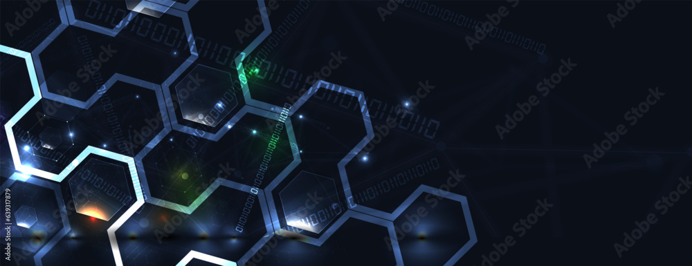 Poster Technology banner design with hexagons abstract background.