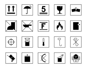 Packaging Symbols stroke outline icons set. Icon, Magnet, Air Mail, Arrow Symbol, Biohazard Symbol, Vector illustration