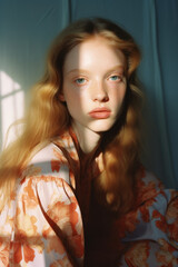 Fototapeta premium close up portrait of a woman/model/book character by a window in daylight with a thoughtful/sad expression in a fashion/beauty editorial magazine style film photography look - generative ai art