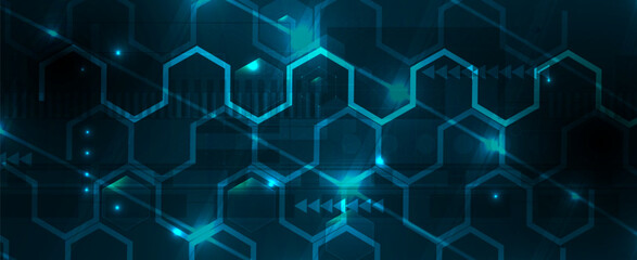 Technology banner design with hexagons abstract background.