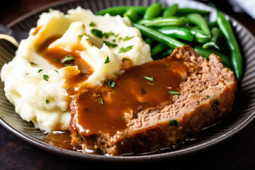Enjoy a hearty, homemade meal with juicy slices of meatloaf smothered in savory gravy, served alongside creamy mashed potatoes and green beans - obrazy, fototapety, plakaty