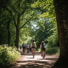 People cycling through a forest