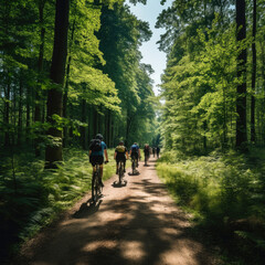 Obraz premium People cycling through a forest