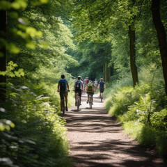 Obraz premium People cycling through the forest