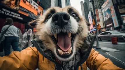 Foto op Plexiglas Close up portrait of a cheerful dog taking selfie over city background. Generative Ai. © Kowit