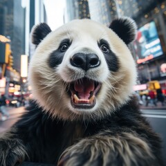 Close up portrait of a cheerful giant panda taking selfie over city background. Generative Ai.