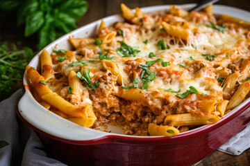 In a cozy home kitchen, enjoy the perfection of baked ziti with melted cheese, savory tomato sauce, and aromatic herbs for a delicious treat