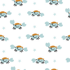 Funny crab pirate with sea stars. Suitable for baby prints, nursery decor, wallpaper, wrapping paper, stationery, scrapbooking, etc.